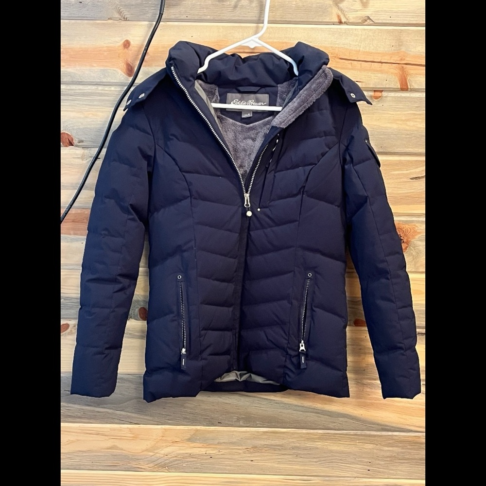 Eddie Bauer navy blue down puffer jacket with removable hood.